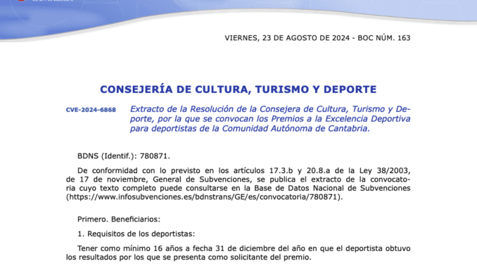 El Gobierno convoca los premios a la excelencia deportiva de Cantabria dotados con 165.000 euros